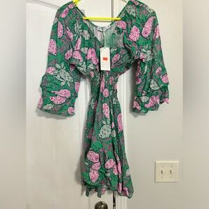 Green and pink floral dress